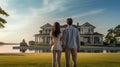 couple embracing in front of new big modern house, outdoor rear view back looking at their dream home Royalty Free Stock Photo