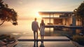 couple embracing in front of new big modern house, outdoor rear view back looking at their dream home Royalty Free Stock Photo