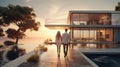 couple embracing in front of new big modern house, outdoor rear view back looking at their dream home Royalty Free Stock Photo