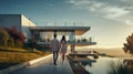 couple embracing in front of new big modern house, outdoor rear view back looking at their dream home Royalty Free Stock Photo