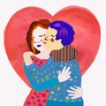 A couple of embracing girls. Flat style  illustration of hugging women. Female friendship. Lgbt couple. Lesbian couple.Image Royalty Free Stock Photo