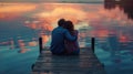 A couple embracing on a wooden dock the water reflecting the colors of the sunset as they enjoy a peaceful moment