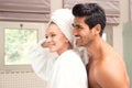 Couple embrassing after shower, Attractive couple after Morning Shower
