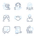 Couple, Engineer and Champagne glasses icons set. Search people, Handshake and Yummy smile signs. Vector