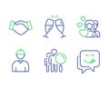 Couple, Engineer and Champagne glasses icons set. Search people, Handshake and Yummy smile signs. Vector