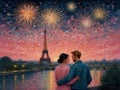 A Couple Enjoy in Paris, France. Colorful Night Sky Background, Cityscape bg. Romantic Scene. Royalty Free Stock Photo