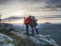 Couple enjoy photographying in nature. Nature photographers Royalty Free Stock Photo