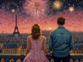 A Couple Enjoy Together in Paris, France. Nighttime Background, Cityscape bg. Romantic Scene, Love Theme. Honeymoon Trip. Royalty Free Stock Photo