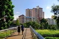 Couple enjoying afternoon walk in lush green neighbourhood park on bright sunny day. High rise buildings in background