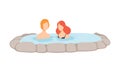 Couple enjoying outdoor thermal spring, young man and woman relaxing in hot water in bath tub vector Illustration on a Royalty Free Stock Photo