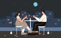 Couple enjoying romantic evening sitting on table drinking wine on roof vector flat illustration