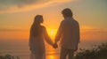 The couple enjoying a romantic sunset while holding hands together. AI generated image Royalty Free Stock Photo