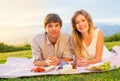 Couple Enjoying Romantic Sunset Picnic Royalty Free Stock Photo