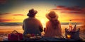 A couple enjoying a romantic sunset picnic on the beach Generative AI Royalty Free Stock Photo