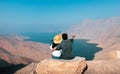 Couple enjoying view of Fjord Khor Najd in Musandam Oman Royalty Free Stock Photo