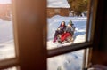 Couple enjoying winter day with cup of hot drink