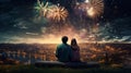 A couple enjoys a romantic and festive night on a bench, watching the colorful fireworks over the city skyline