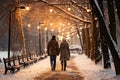 A couple enjoys a romantic stroll through the park on a winter day Royalty Free Stock Photo