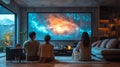 Couple enthralled by holographic screen in modern home, futuristic tech