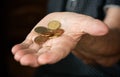 Couple of euro coins in elderly senior woman hand Royalty Free Stock Photo