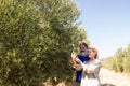 Couple examining olive oil in farm