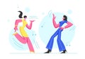 Couple of Excited Young Girls Dancing in Disco Party. Happy Female Characters Cheerfully Dance Moving Body in Music Rhythm Royalty Free Stock Photo