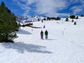 couple of excursionists walking on snowshoes and stick poles on the white snow of the winter of a path of a snowy mountain