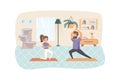 Couple exercising and practicing yoga asanas at home scene