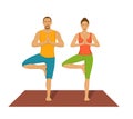 Couple exercising yoga together. Partner Yoga Vector Illustration. Tree Yoga Asana