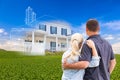 Couple Facing Ghosted House Drawing and Photo Over Green Landscape