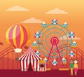 Couple in the fair with hot air balloon, ferris wheel and fair tent Royalty Free Stock Photo