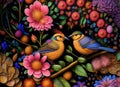 Painting of two birds sitting on a branch surrounded by flowers. Generative Ai Royalty Free Stock Photo