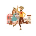 Couple farmers dancing with background houses