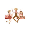 Couple farmers dancing with background houses
