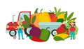 Couple of farmers with harvest of vegetables vector illustration. Farmers woman holding big tomato, man standing with