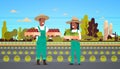 Couple farmers holding boxes red green tomatoes man african american woman harvesting vegetables eco farming concept