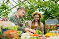 Couple of farmers talking selling organic food at market discussing business Royalty Free Stock Photo