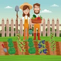 couple farmers vegetable basket field fence