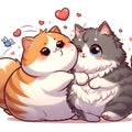 A couple fatty and fluffy cats in love scene, falling in love, cute pose, heart shape, cartoon, anime art, t-shirt design