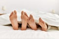 Couple feet under sheets on the bed at home Royalty Free Stock Photo