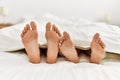 Couple feet under sheets on the bed at home Royalty Free Stock Photo