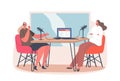 Couple of Female Characters Wear Headphones Sitting in Studio with Microphones and Laptop on Desk Drinking Coffee, Speak