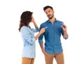 Woman pointing and man makes the bla bla bla gesture