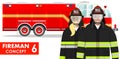 Firefighter concept. Detailed illustration of fireman and firewoman in uniform standing together near fire truck in flat Royalty Free Stock Photo