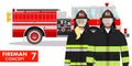 Firefighter concept. Detailed illustration of fireman and firewoman in uniform standing together near fire truck in flat