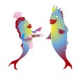 Couple fish cartoon characters. Cook with a dish concept