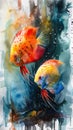 A couple of fish that are standing in the water, watercolor illustration, orange and blue discus fish in aquarium.