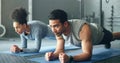 Couple, fitness and gym workout of training friends together for a core strength exercise for abs. Strong, sports and Royalty Free Stock Photo