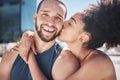 Couple with fitness, kiss in portrait outdoor and love, exercise in city with motivation and health together. Black Royalty Free Stock Photo