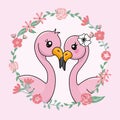 Couple of flamingos in love inside flower frame